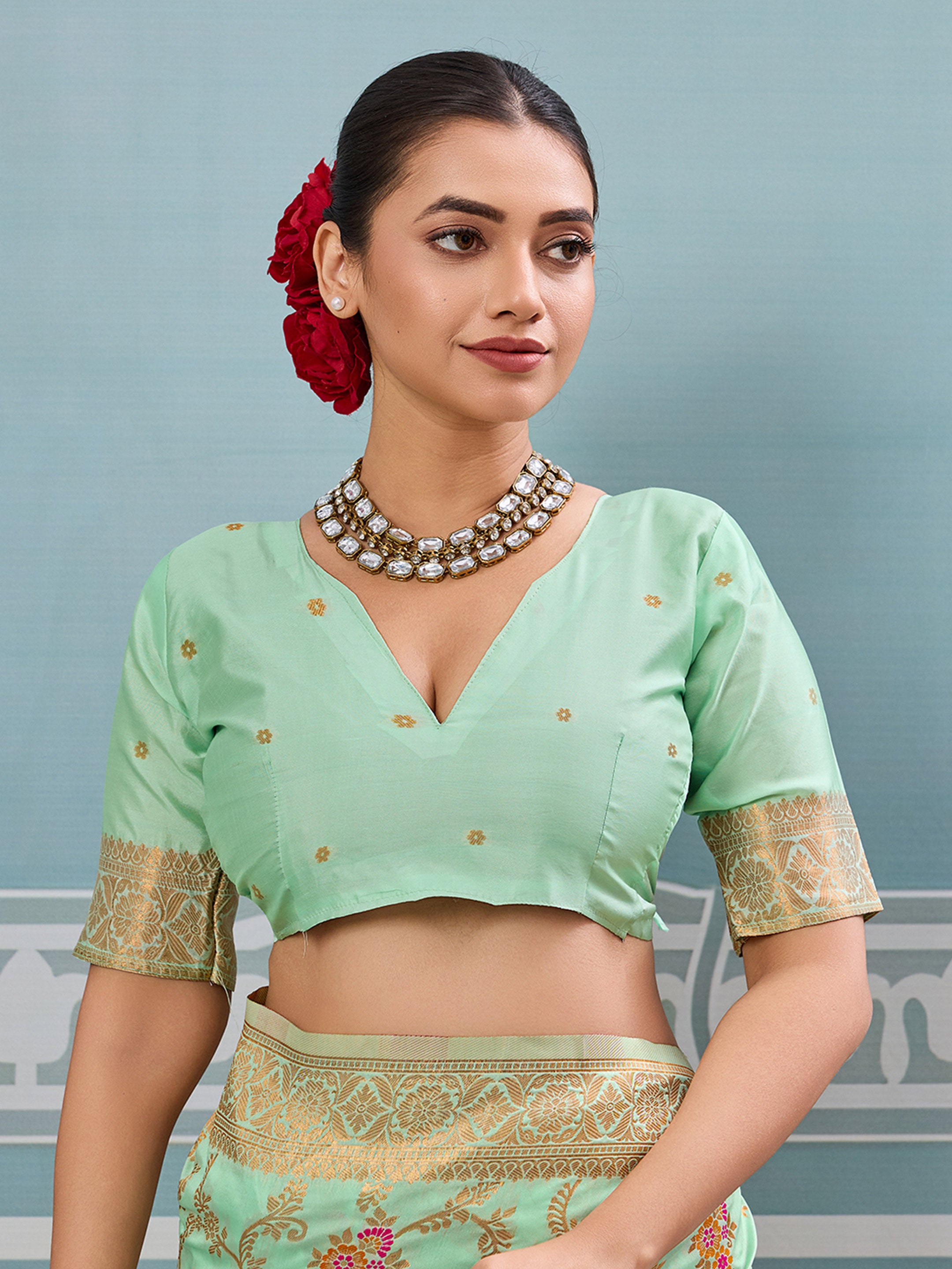 Pista woven banarasi silk saree with blouse piece