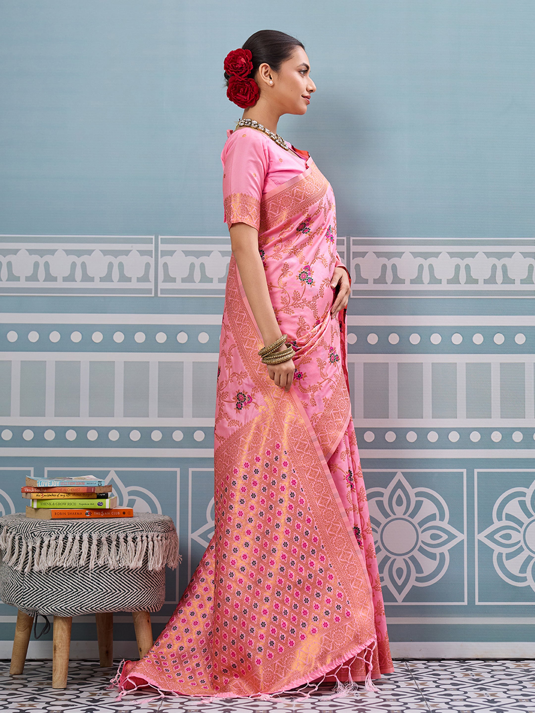 Light pink woven banarasi silk saree with blouse piece