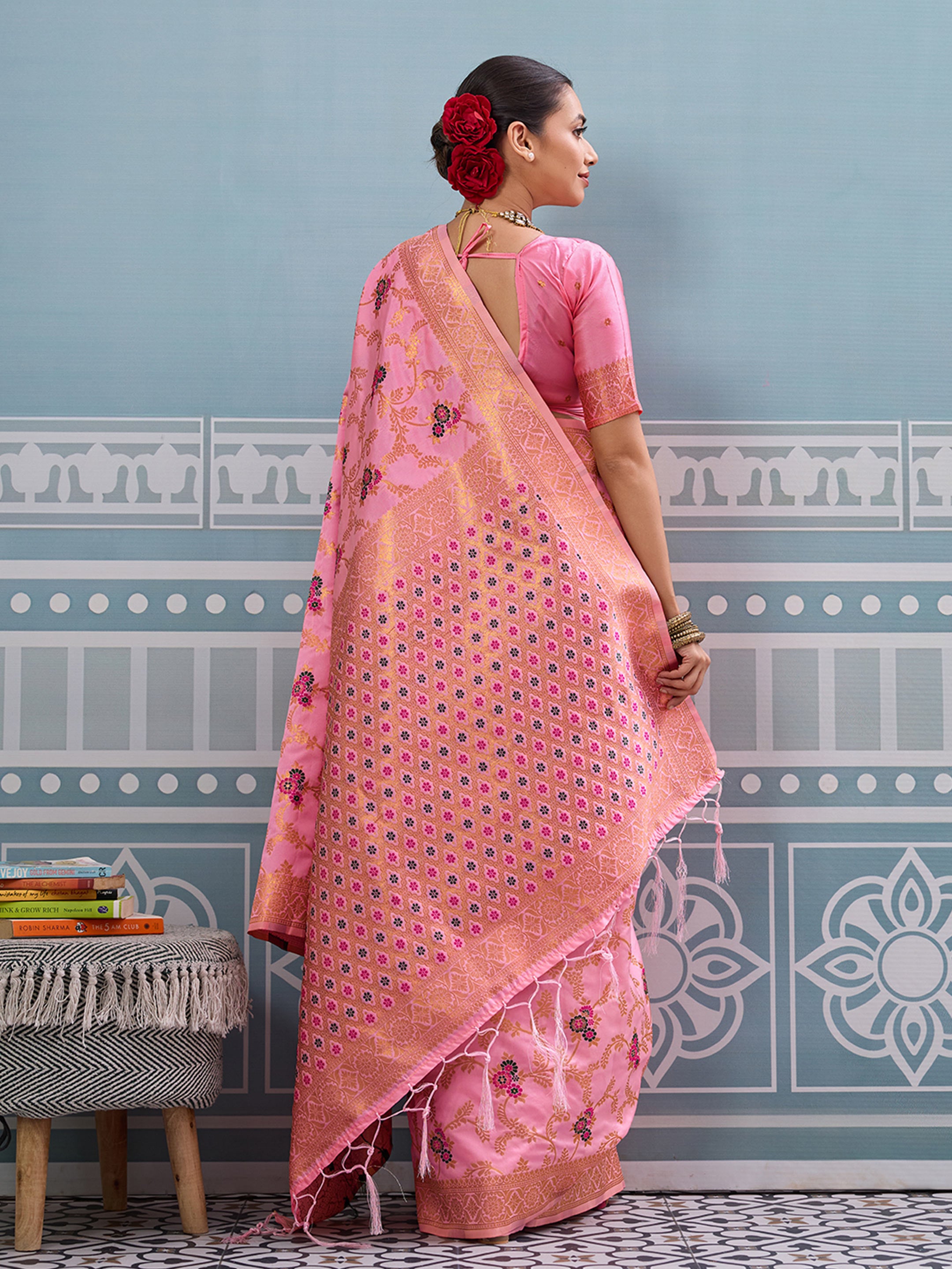 Light pink woven banarasi silk saree with blouse piece