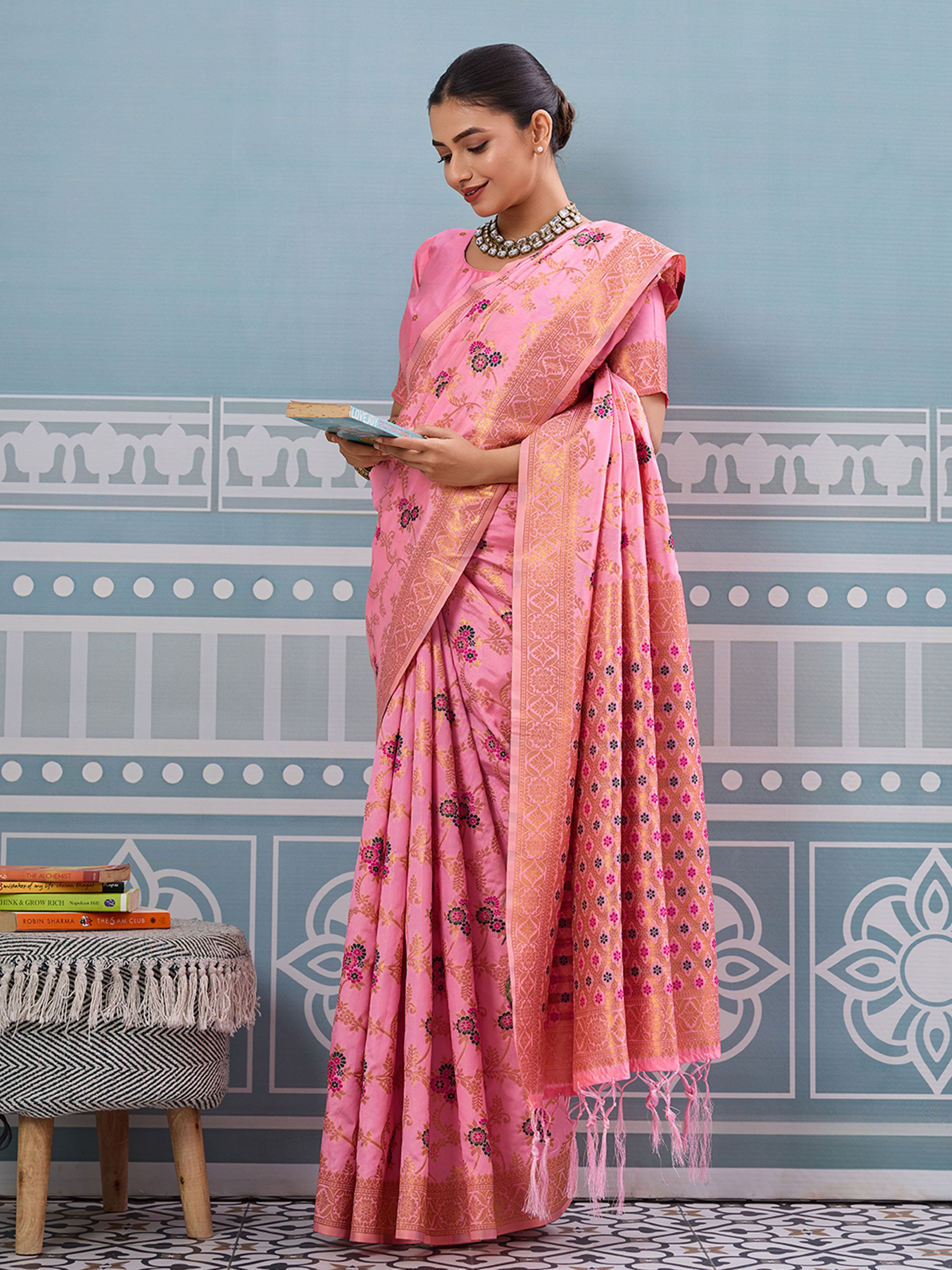Light pink woven banarasi silk saree with blouse piece