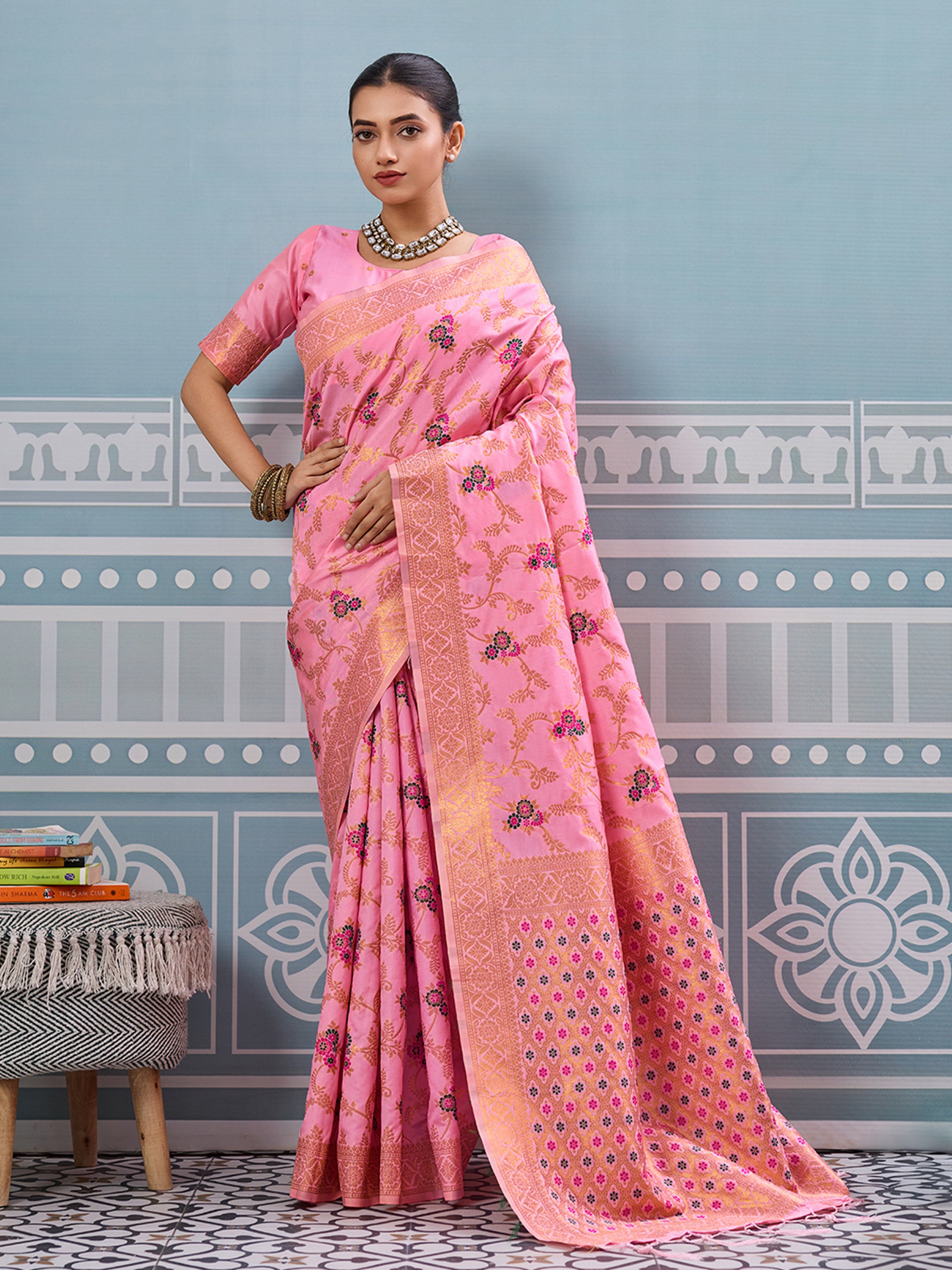 Light pink woven banarasi silk saree with blouse piece