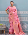 Light pink woven banarasi silk saree with blouse piece