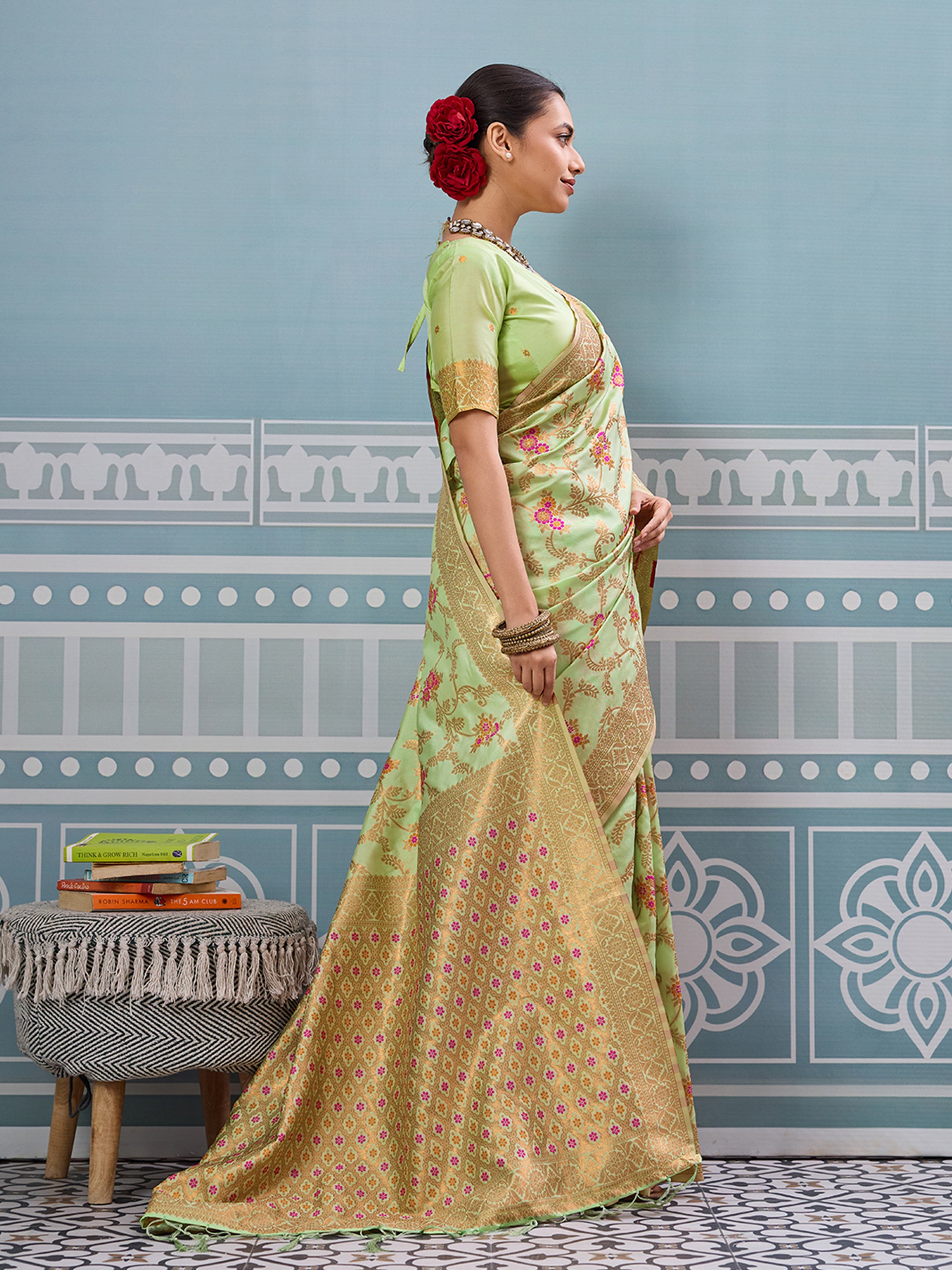 Sea green woven banarasi silk saree with blouse piece