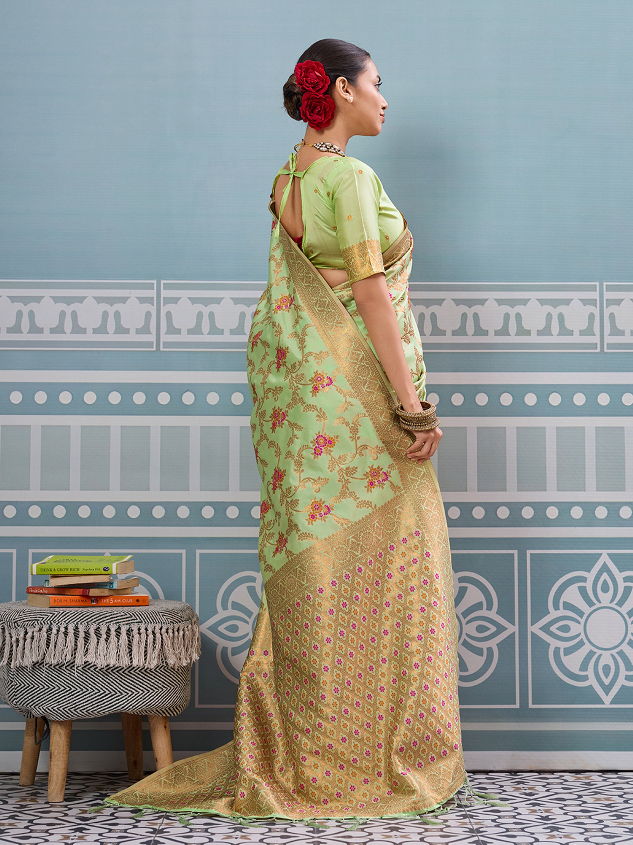 Sea green woven banarasi silk saree with blouse piece