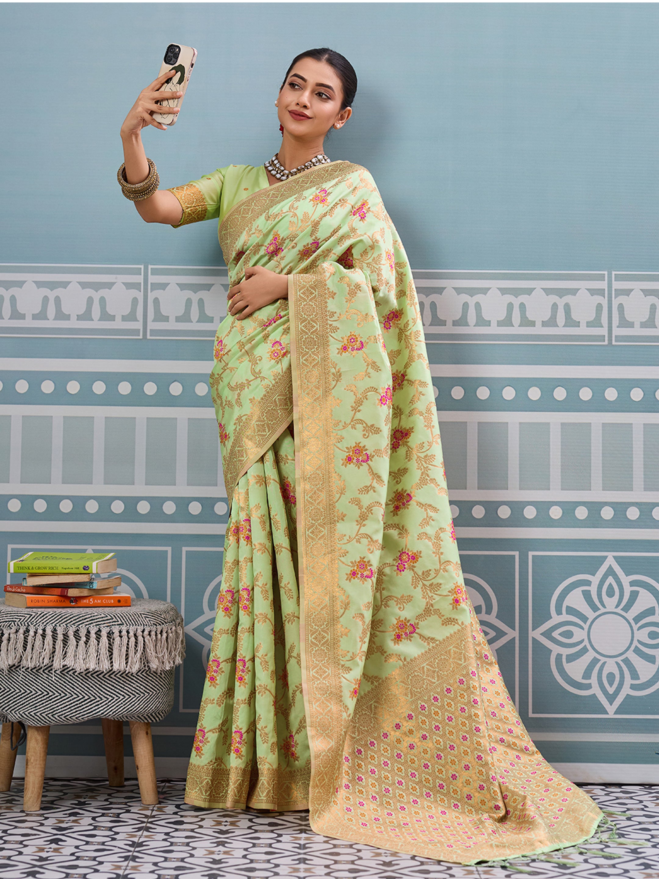 Sea green woven banarasi silk saree with blouse piece