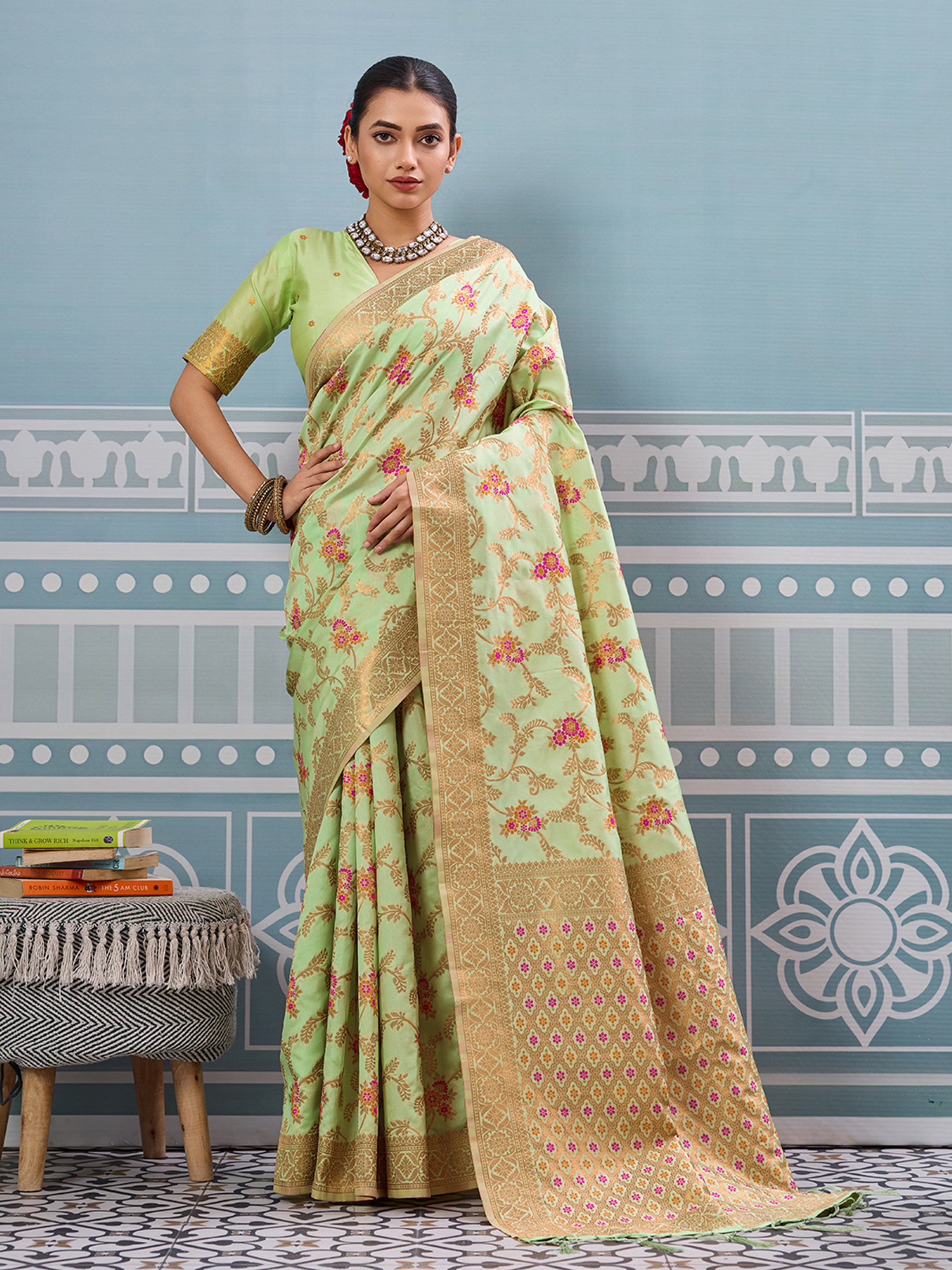 Sea green woven banarasi silk saree with blouse piece