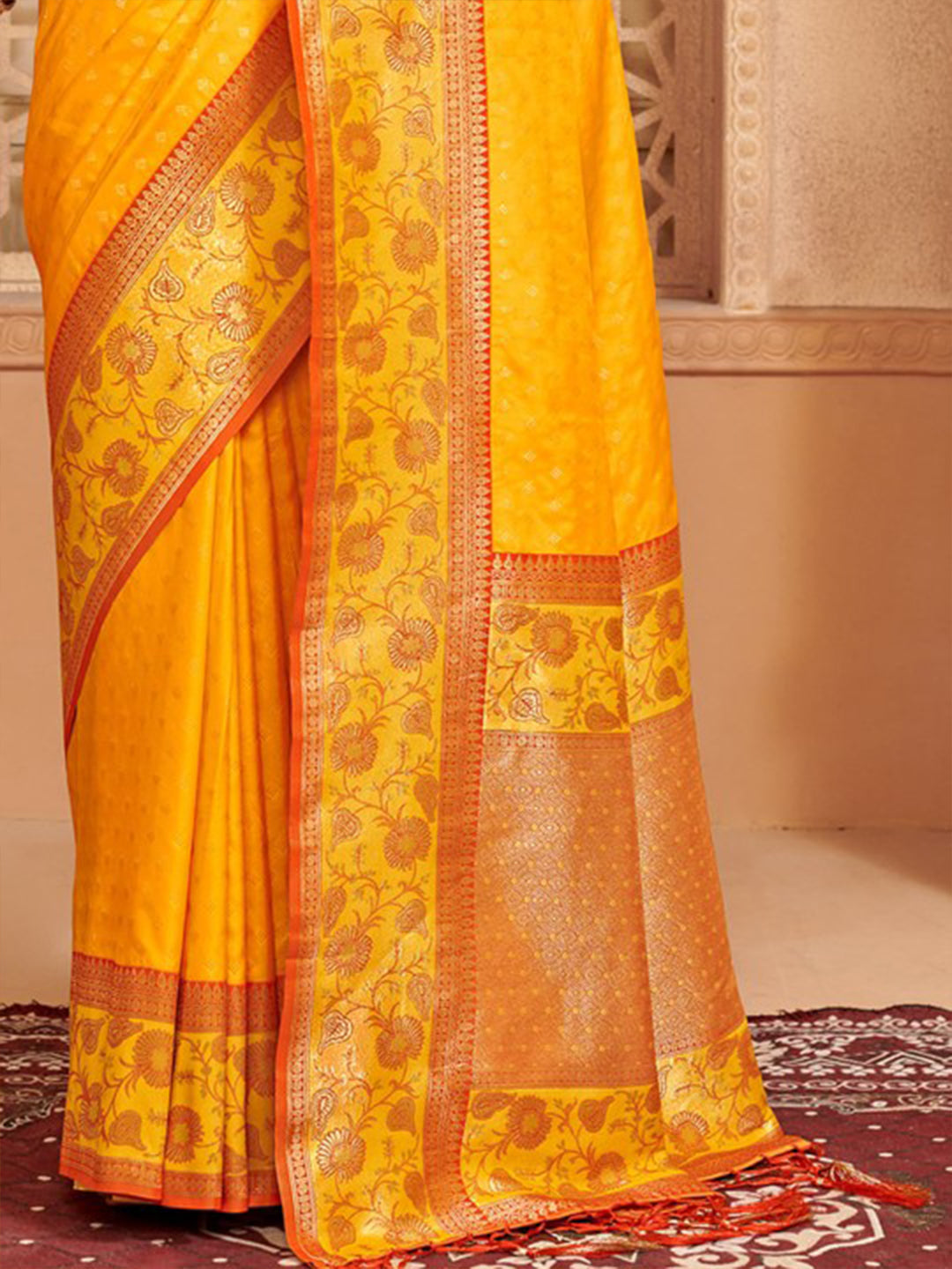 Yellow zari woven banarasi silk saree with blouse piece AFREEN