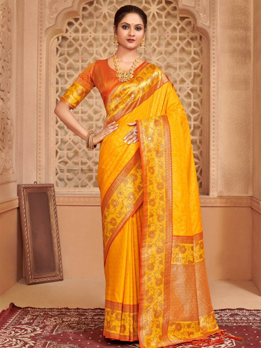 Yellow zari woven banarasi silk saree with blouse piece AFREEN