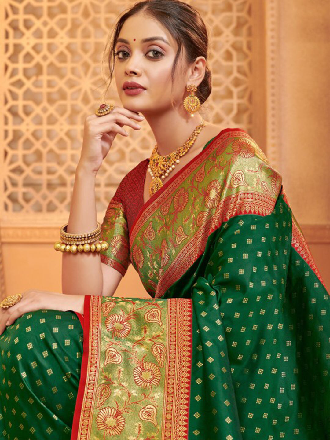 Dark green zari woven banarasi silk saree with blouse piece AFREEN