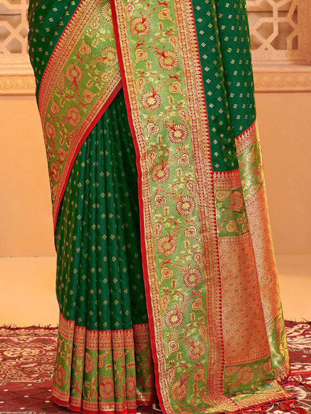 Dark green zari woven banarasi silk saree with blouse piece AFREEN