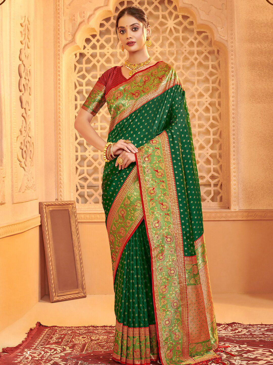 Dark green zari woven banarasi silk saree with blouse piece AFREEN