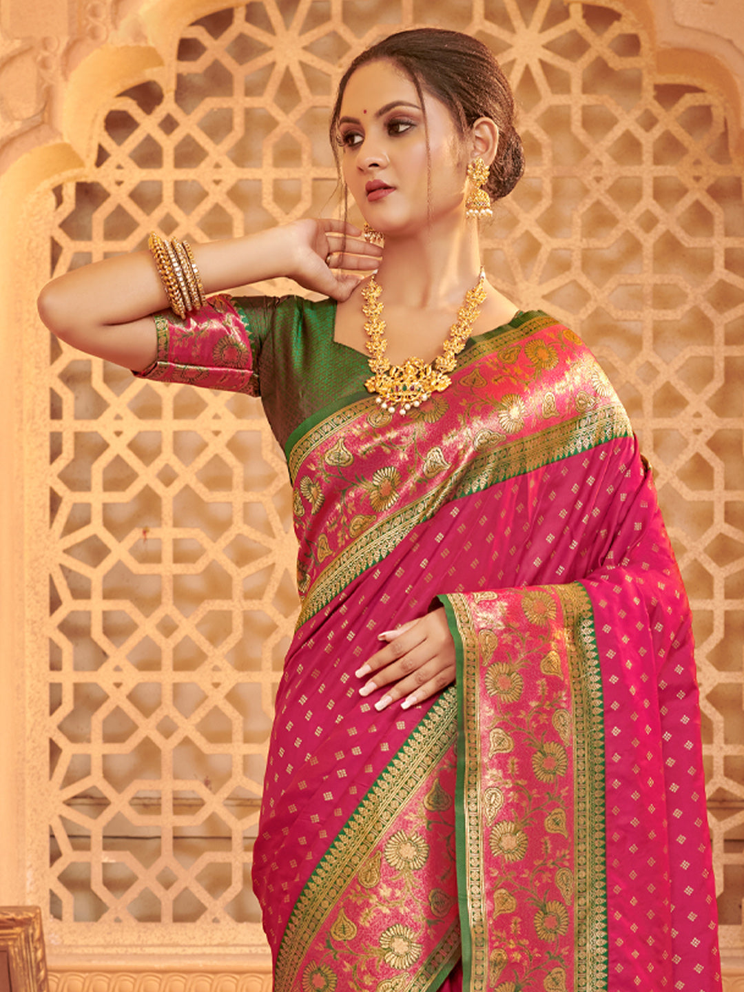 Dark pink zari woven banarasi silk saree with blouse piece AFREEN