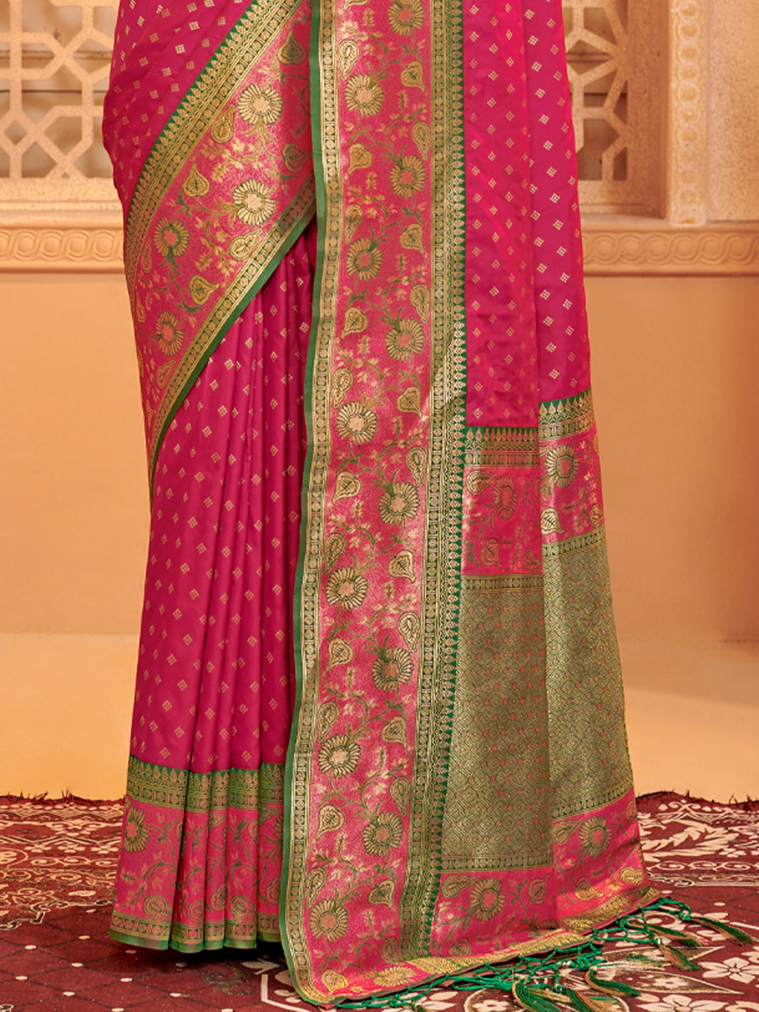 Dark pink zari woven banarasi silk saree with blouse piece AFREEN
