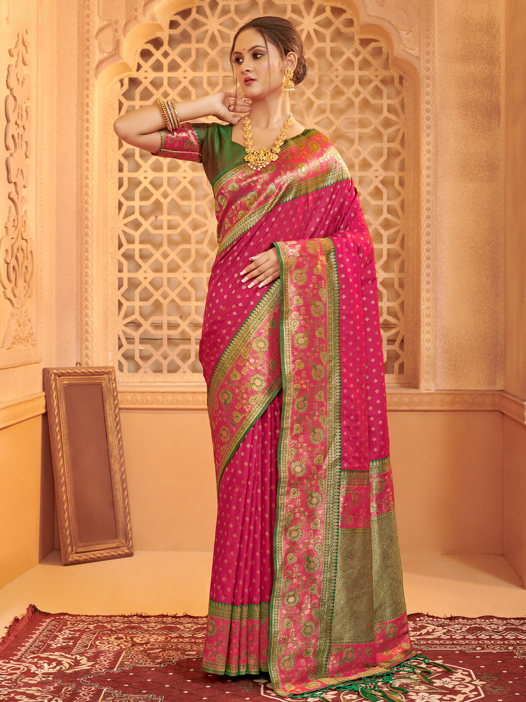 Dark pink zari woven banarasi silk saree with blouse piece AFREEN