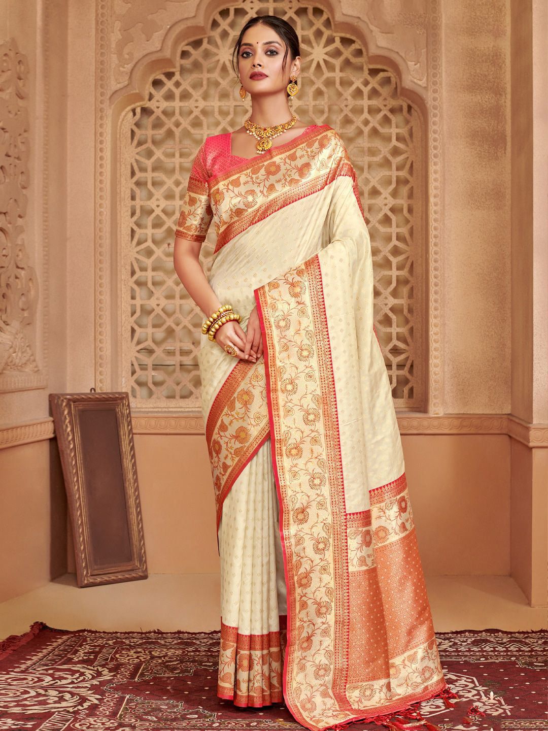 Offwhite zari woven banarasi silk saree with blouse piece AFREEN