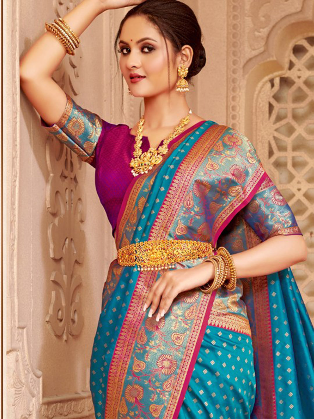 Blue zari woven banarasi silk saree with blouse piece AFREEN