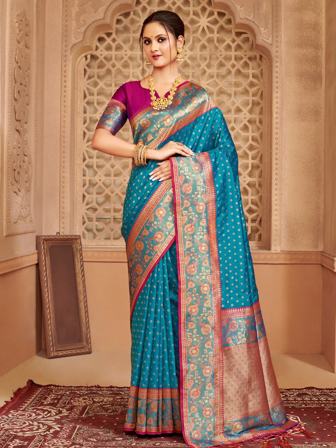 Blue zari woven banarasi silk saree with blouse piece AFREEN