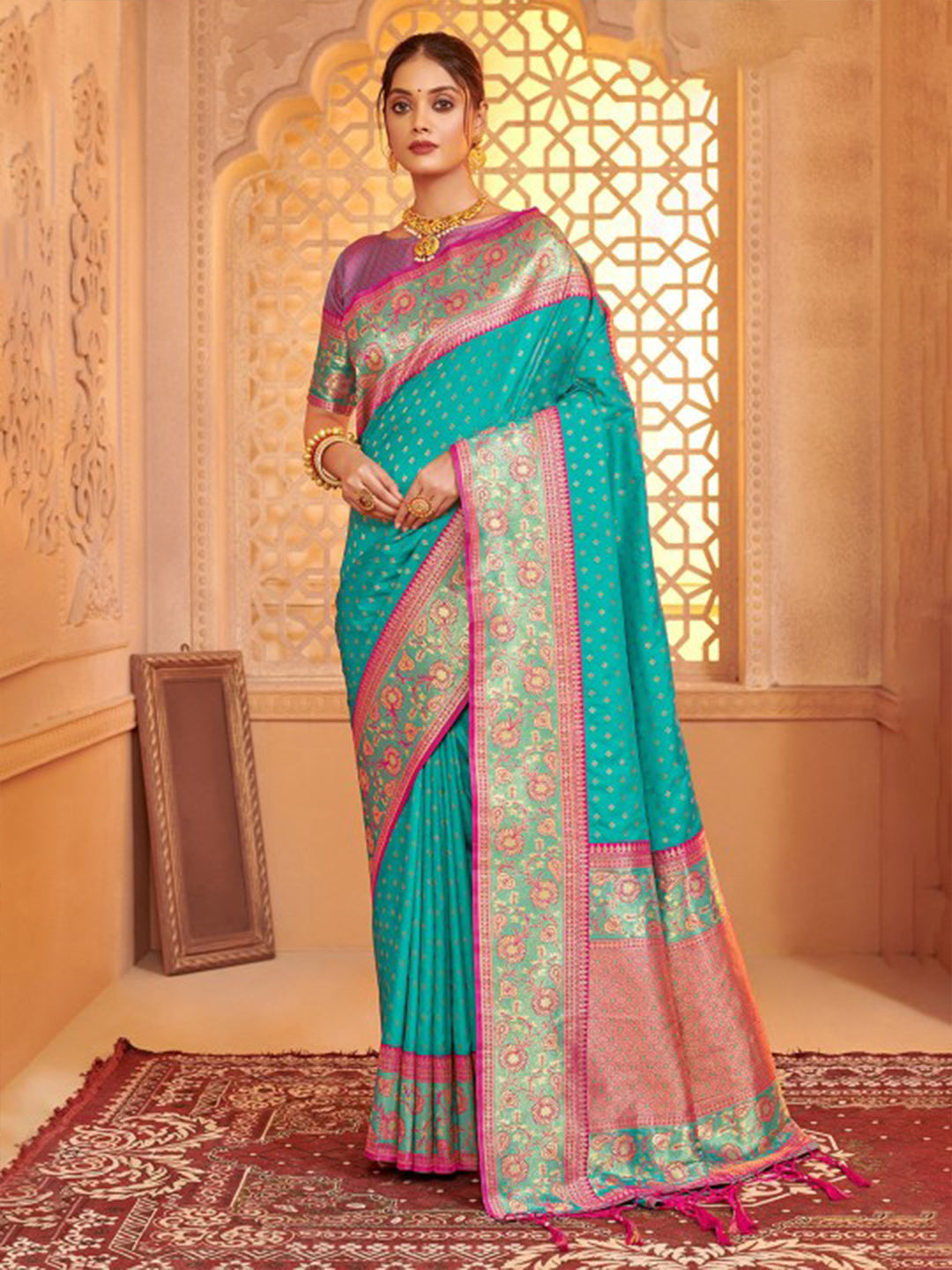Seagreen zari woven banarasi silk saree with blouse piece AFREEN