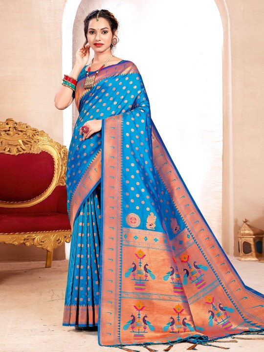Royal Paithani Silk Saree with Grand Traditional Border & Designer Pallu–kavita-blue