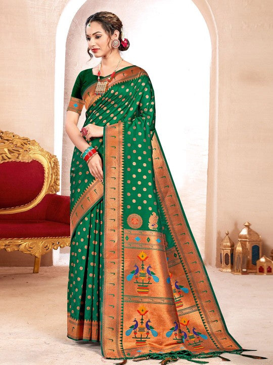 Royal Paithani Silk Saree with Grand Traditional Border & Designer Pallu–kavita-Green