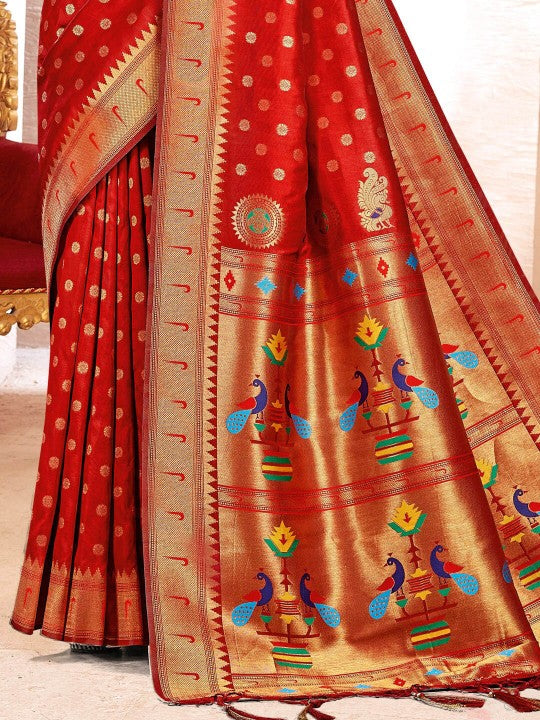 Royal Paithani Silk Saree with Grand Traditional Border & Designer Pallu–kavita-red