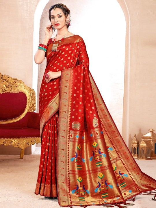 Royal Paithani Silk Saree with Grand Traditional Border & Designer Pallu–kavita-red