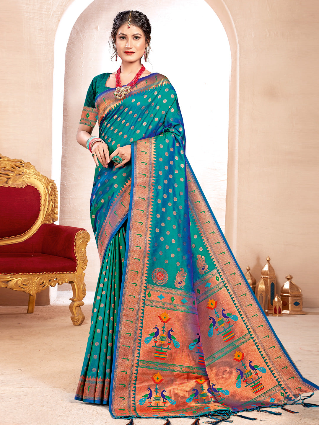Royal Paithani Silk Saree with Grand Traditional Border & Designer Pallu–kavita-seagreen