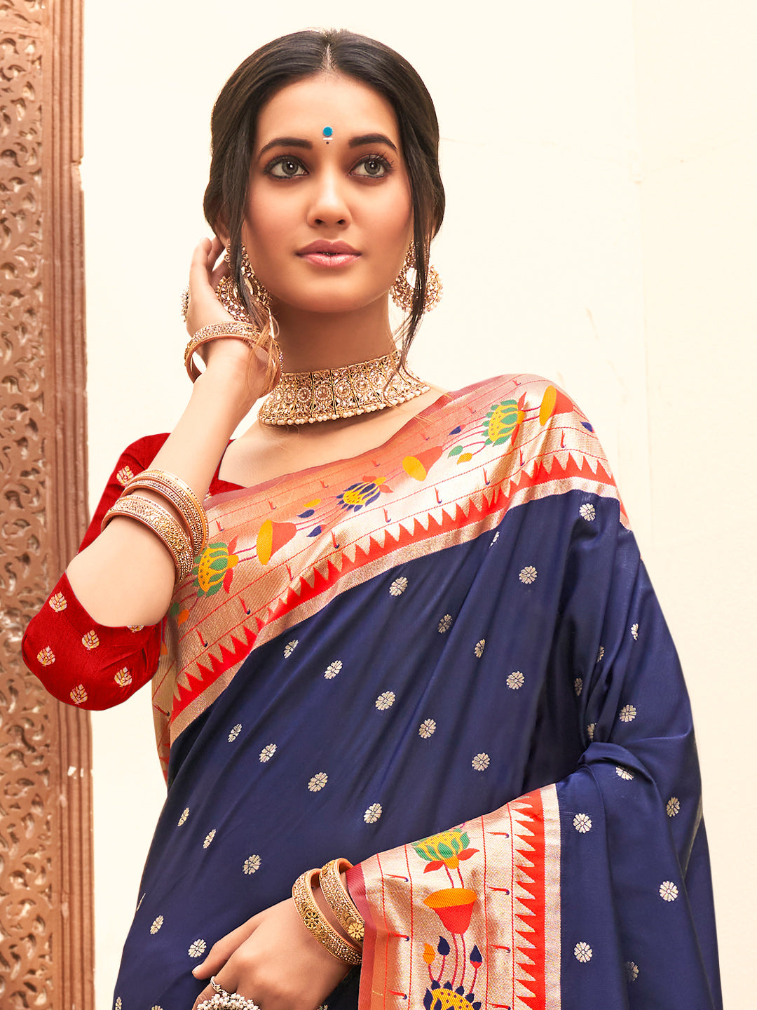 Royal Paithani Silk Saree with Multicolor Woven Border & Traditional Floral Pallu – Navy Blue