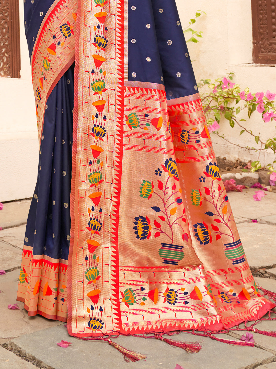 Royal Paithani Silk Saree with Multicolor Woven Border & Traditional Floral Pallu – Navy Blue