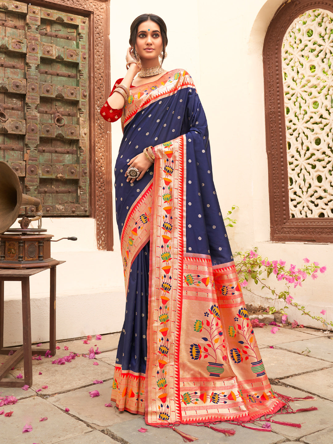 Royal Paithani Silk Saree with Multicolor Woven Border & Traditional Floral Pallu – Navy Blue