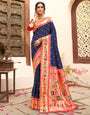 Royal Paithani Silk Saree with Multicolor Woven Border & Traditional Floral Pallu – Navy Blue