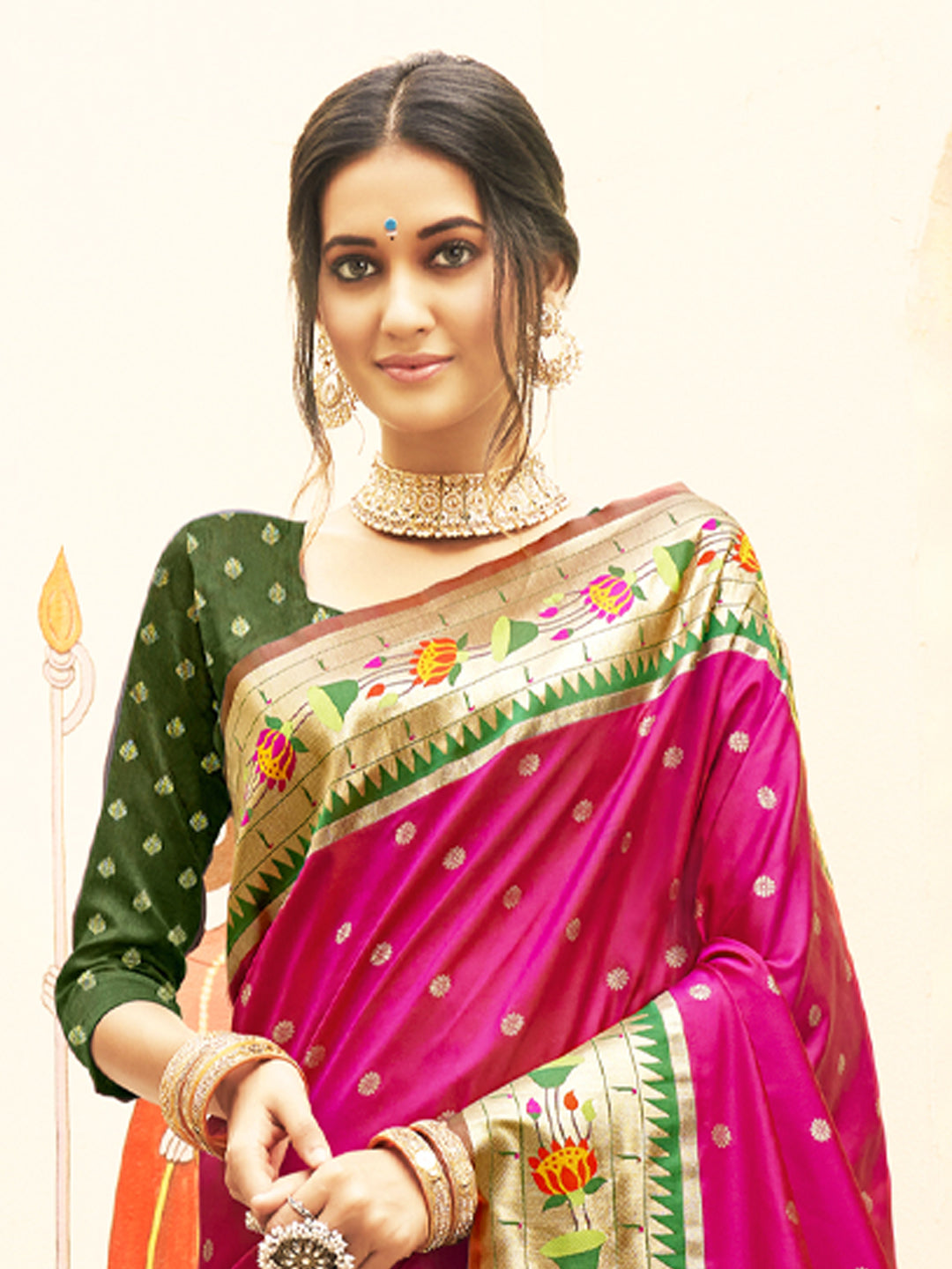 Royal Paithani Silk Saree with Multicolor Woven Border & Traditional Floral Pallu –megenta