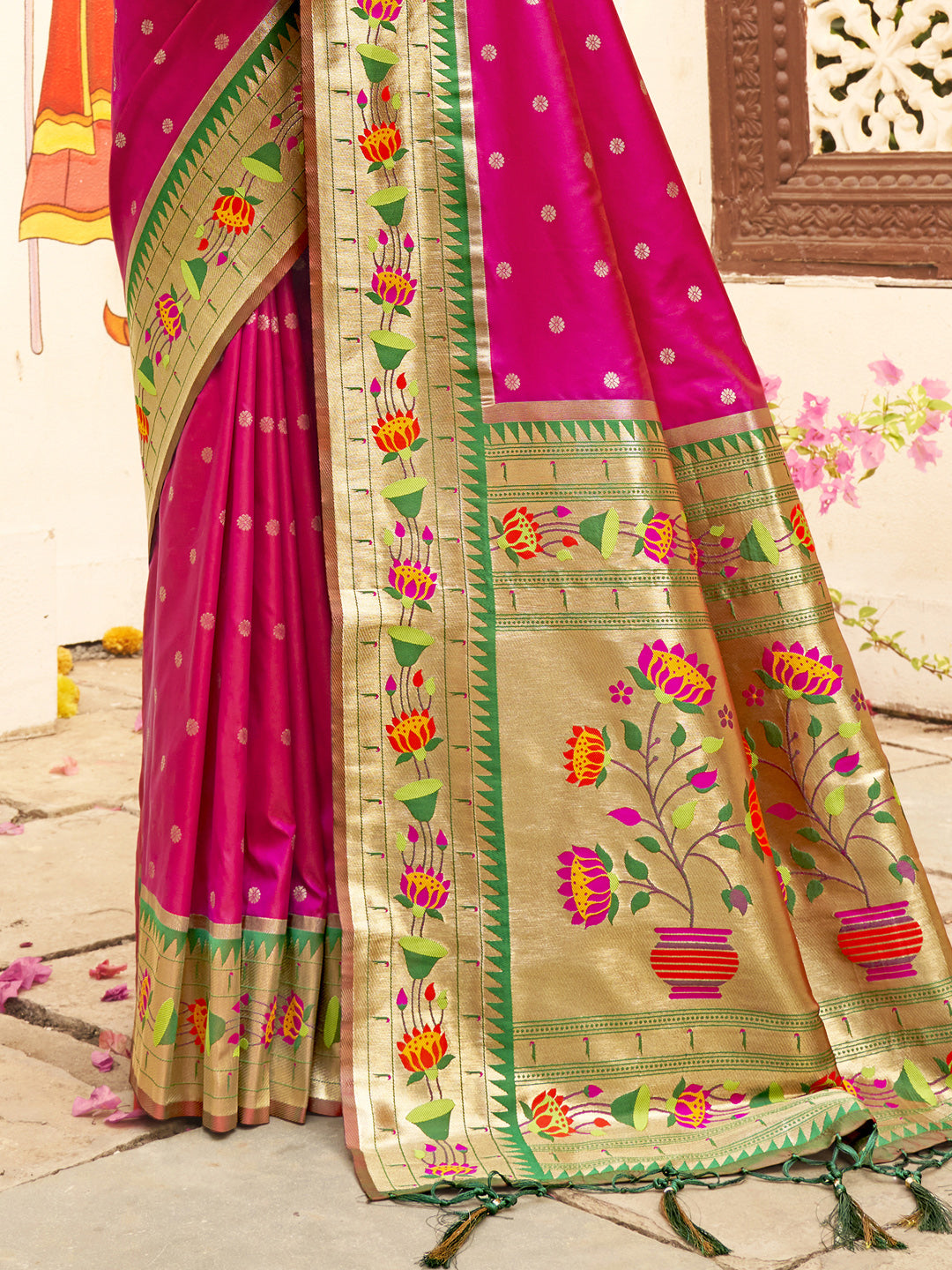 Royal Paithani Silk Saree with Multicolor Woven Border & Traditional Floral Pallu –megenta