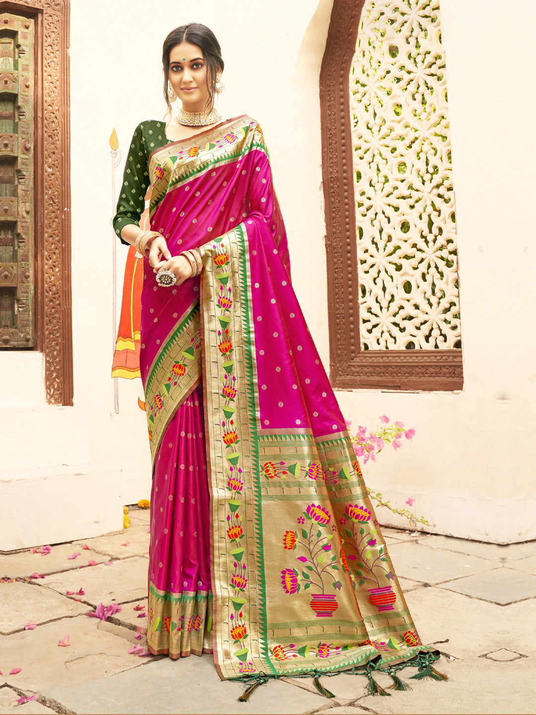 Royal Paithani Silk Saree with Multicolor Woven Border & Traditional Floral Pallu –megenta
