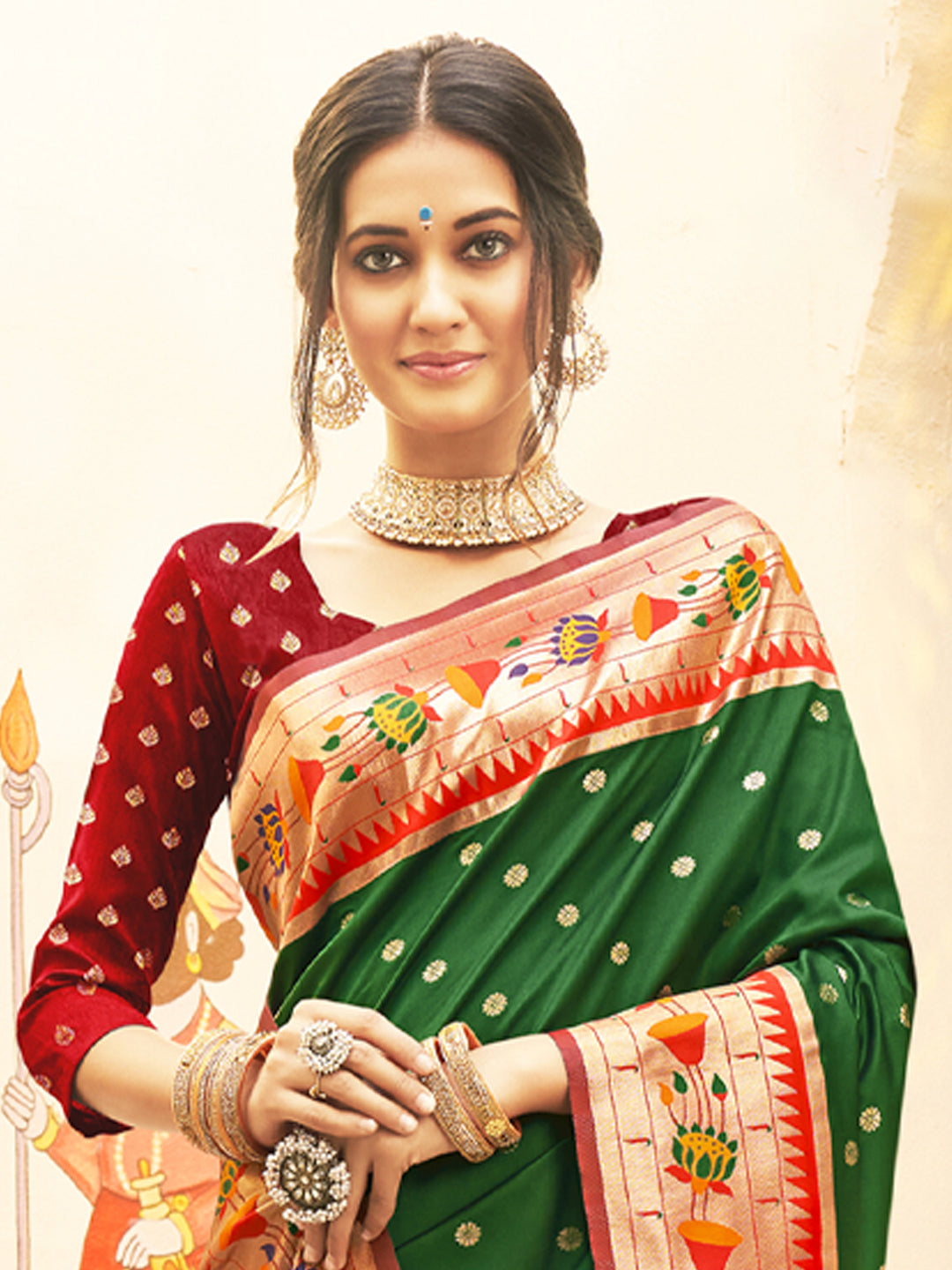 Royal Paithani Silk Saree with Multicolor Woven Border & Traditional Floral Pallu –DARKGREEN(Copy)