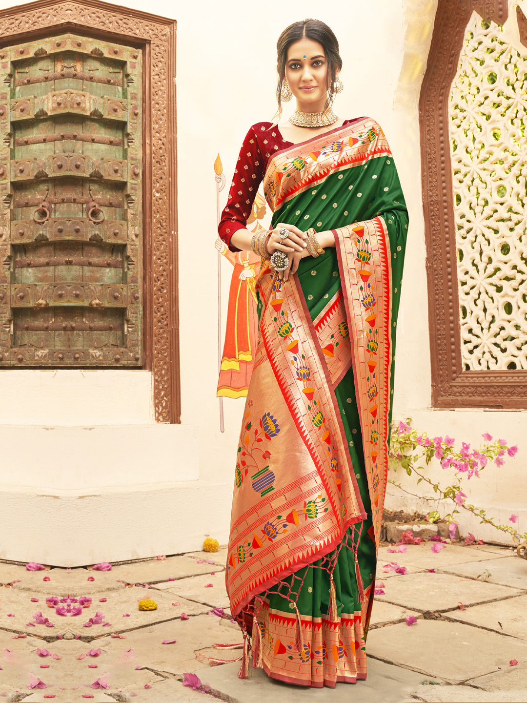 Royal Paithani Silk Saree with Multicolor Woven Border & Traditional Floral Pallu –DARKGREEN(Copy)