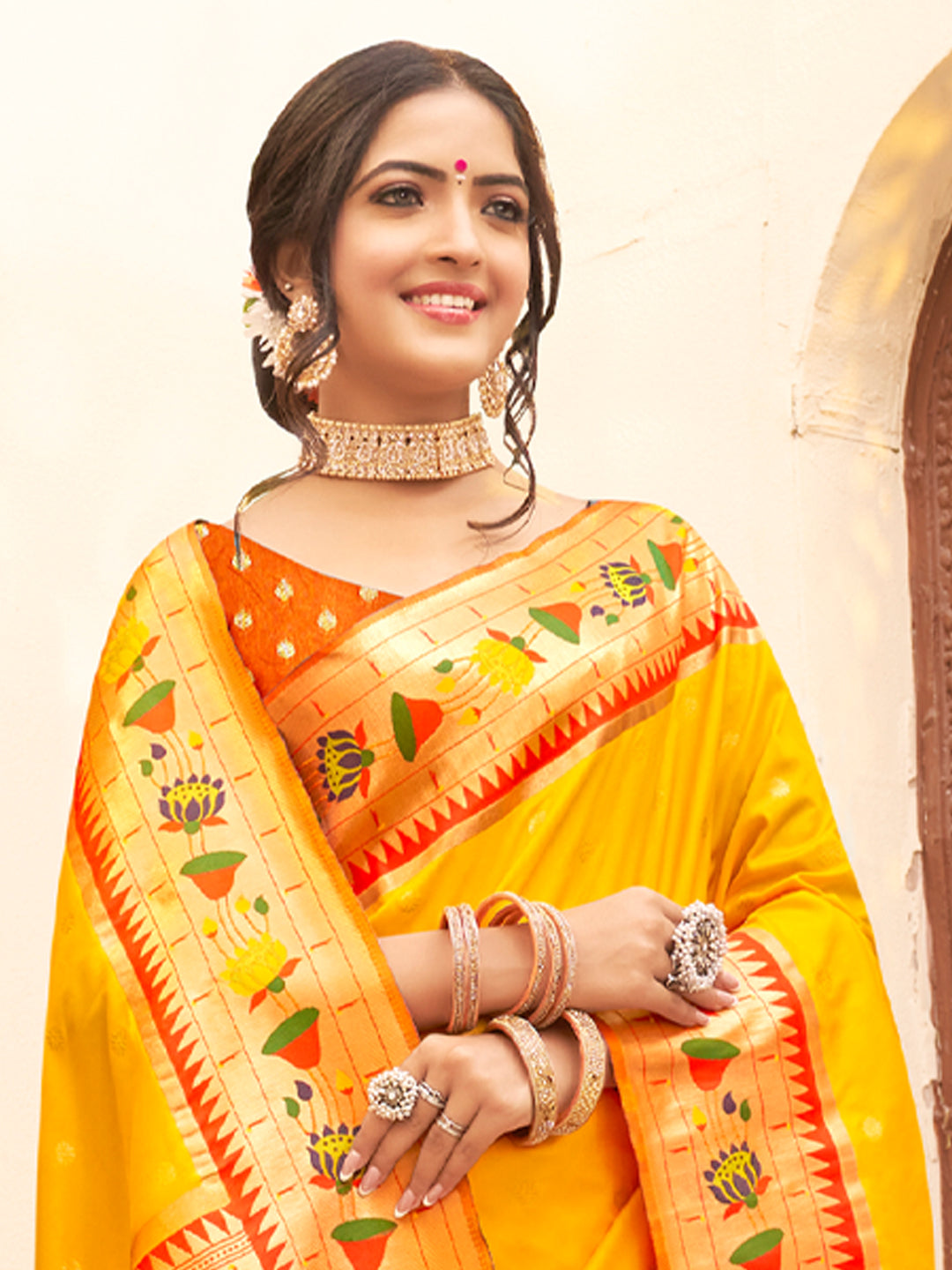 Royal Paithani Silk Saree with Multicolor Woven Border & Traditional Floral Pallu –Yellow