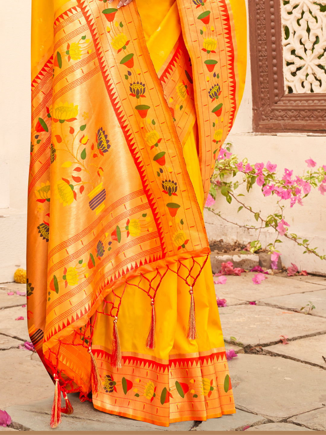 Royal Paithani Silk Saree with Multicolor Woven Border & Traditional Floral Pallu –Yellow