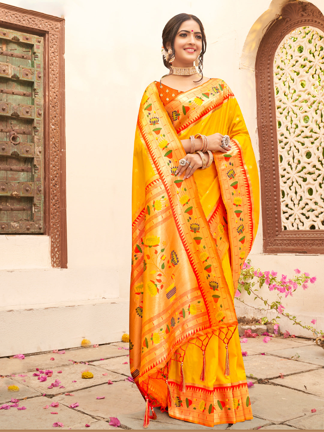 Royal Paithani Silk Saree with Multicolor Woven Border & Traditional Floral Pallu –Yellow