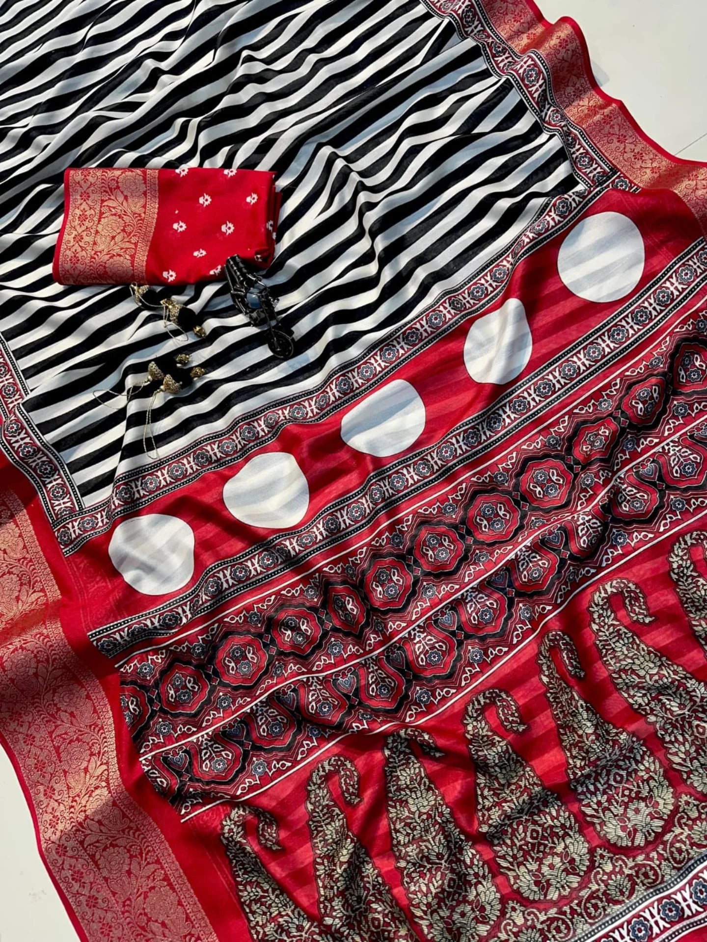 Ajrakh Printed Dola Silk Saree With jacquard border and blouse piece-RED