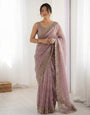 Premium Dusty Mauve Soft Silk Saree with Heavy Sirovski Diamond & Val Work Border | Festive Wedding Wear with Lace Work Running Blouse