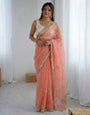 Premium Peach Silk Saree with Multi Val Sequin Embroidery With Blouse Piece