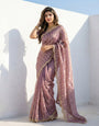 Premium Fendy Satin Dual Shade Mauve Saree with Gold Sequence Embroidery & Running Blouse – Wedding Festive Wear