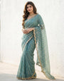 Premium Fendy Satin Dual Shade Pastel color Saree with Gold Sequence Embroidery & Running Blouse – Wedding Festive Wear