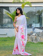 Premium Satin Floral Printed Saree with Matching Blouse Piece – Elegant Party Wear
