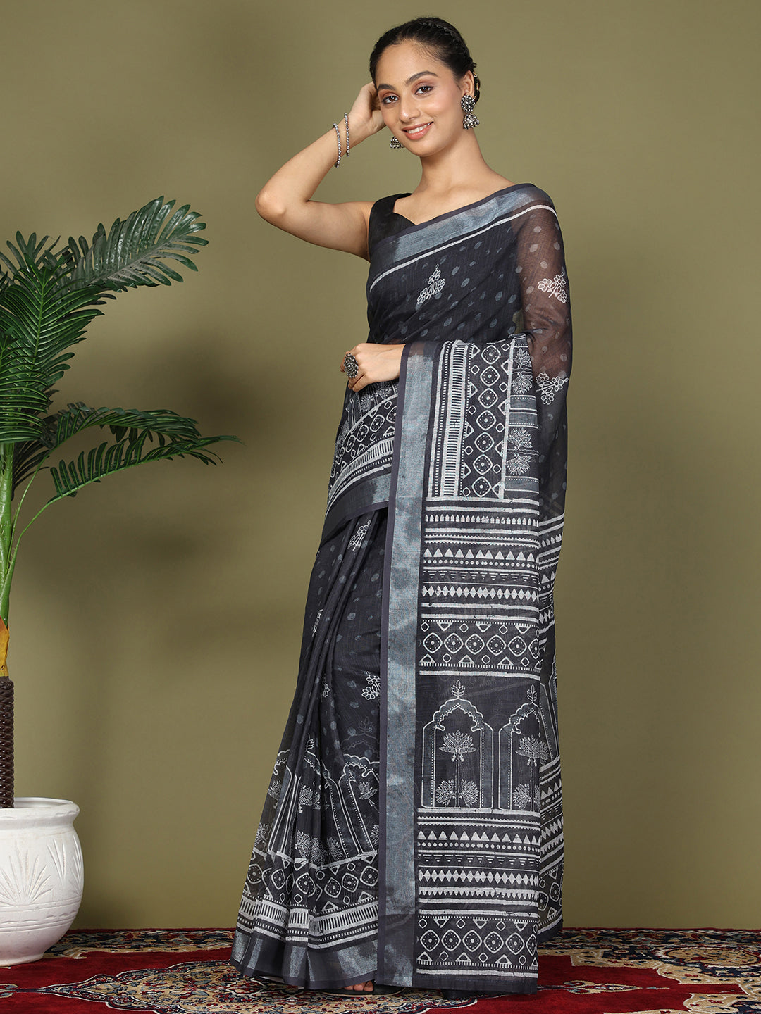 Ready to Wear Printed Cotton Linen Saree with Ethnic Designer Pallu & Border-black