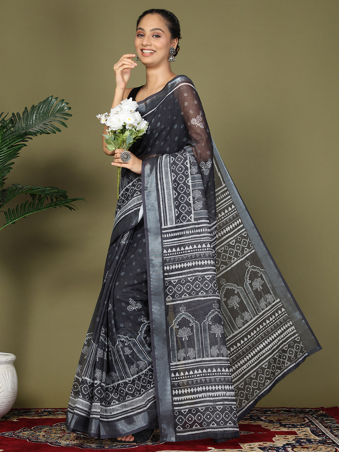 Ready to Wear Printed Cotton Linen Saree with Ethnic Designer Pallu & Border-black