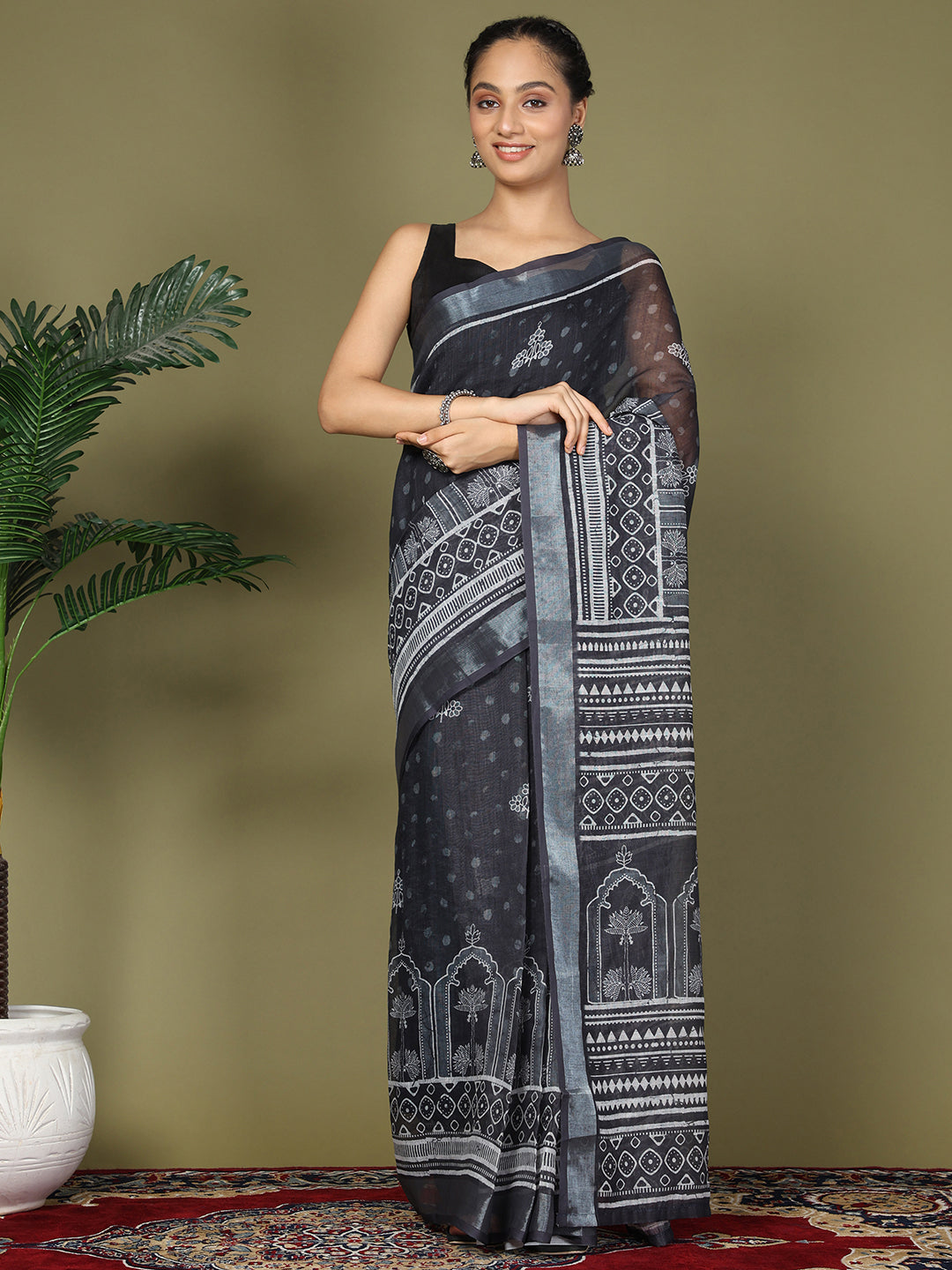 Ready to Wear Printed Cotton Linen Saree with Ethnic Designer Pallu & Border-black