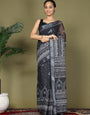 Ready to Wear Printed Cotton Linen Saree with Ethnic Designer Pallu & Border-black