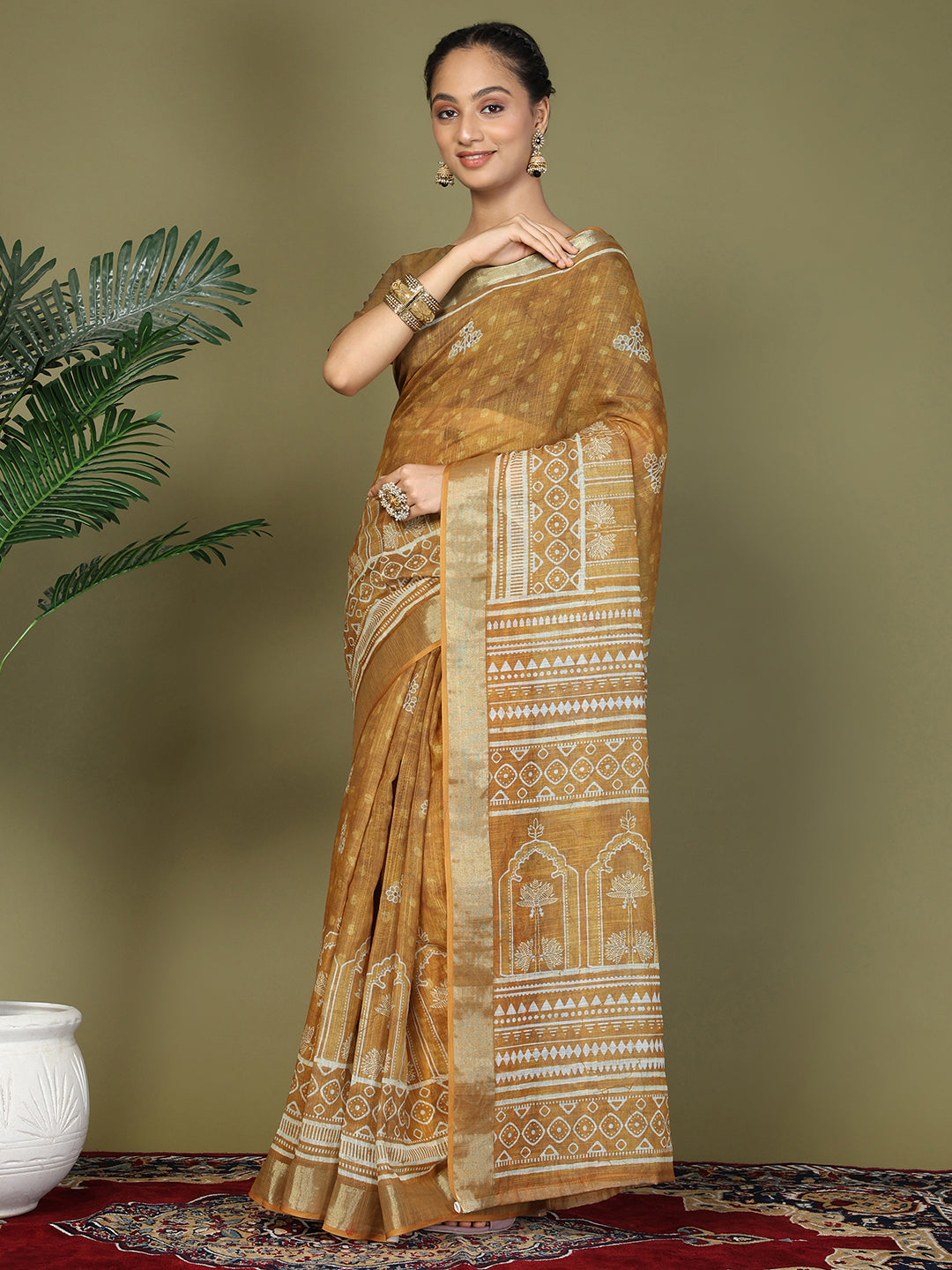 Ready to Wear Printed Cotton Linen Saree with Ethnic Designer Pallu & Border-golden